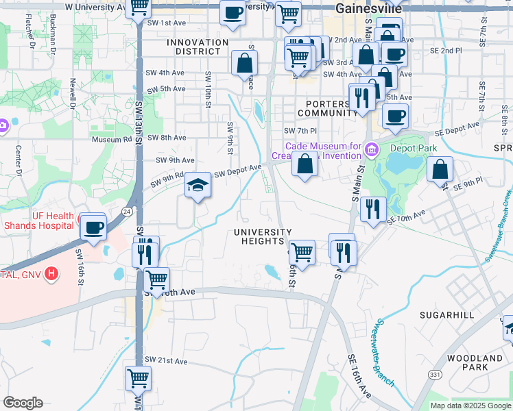 map of restaurants, bars, coffee shops, grocery stores, and more near 1030 Southwest 6th Drive in Gainesville