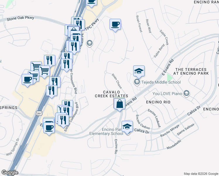 map of restaurants, bars, coffee shops, grocery stores, and more near 21602 Roan Bluff in San Antonio