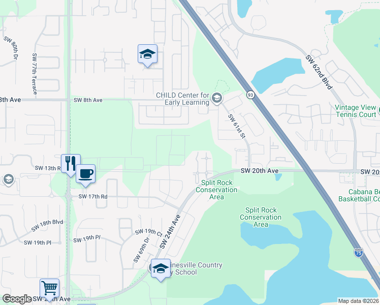 map of restaurants, bars, coffee shops, grocery stores, and more near 6400 Southwest 20th Avenue in Gainesville