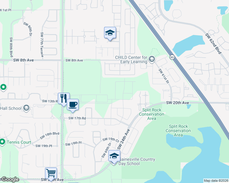 map of restaurants, bars, coffee shops, grocery stores, and more near 736-744 Queens Rd in Gainesville