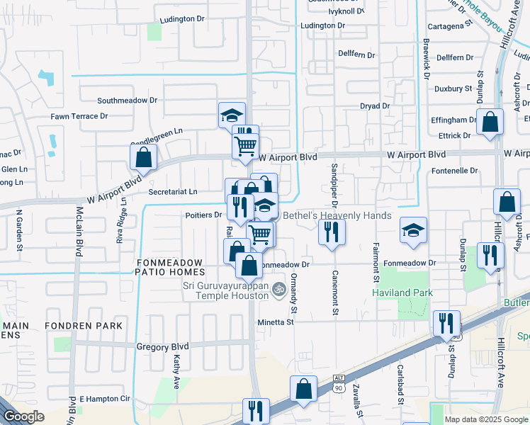 map of restaurants, bars, coffee shops, grocery stores, and more near 12537 Fondren Road in Houston