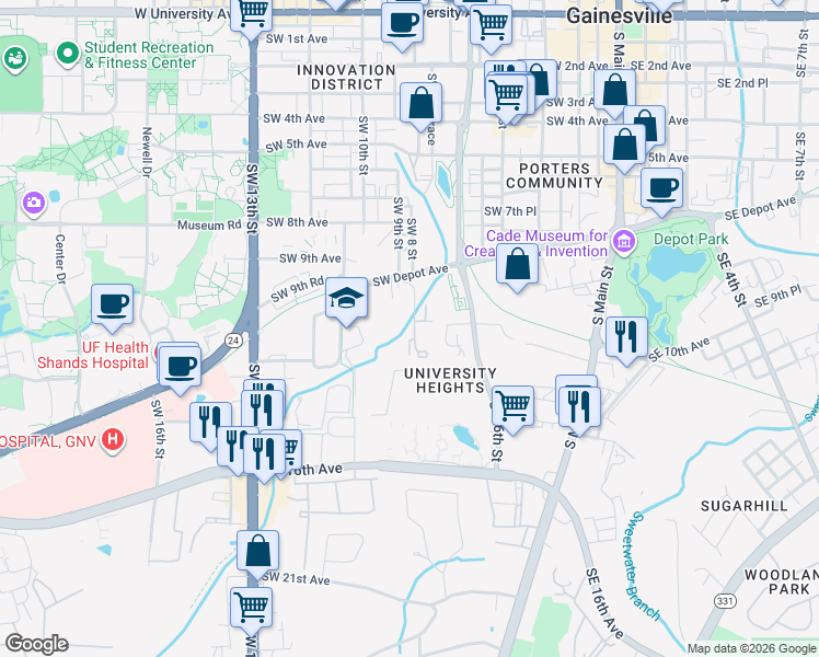 map of restaurants, bars, coffee shops, grocery stores, and more near 1054 Southwest 9th Street in Gainesville
