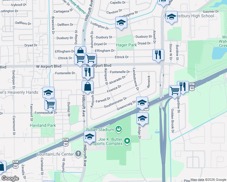 map of restaurants, bars, coffee shops, grocery stores, and more near 5747 Firenza Drive in Houston