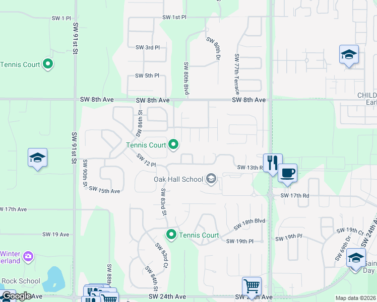 map of restaurants, bars, coffee shops, grocery stores, and more near 8122 Southwest 12th Place in Gainesville
