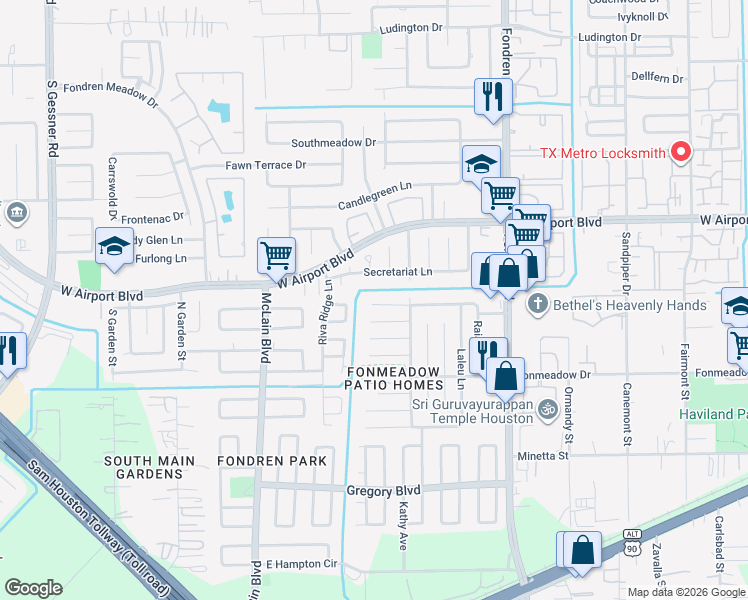 map of restaurants, bars, coffee shops, grocery stores, and more near 7834 Poitiers Drive in Houston
