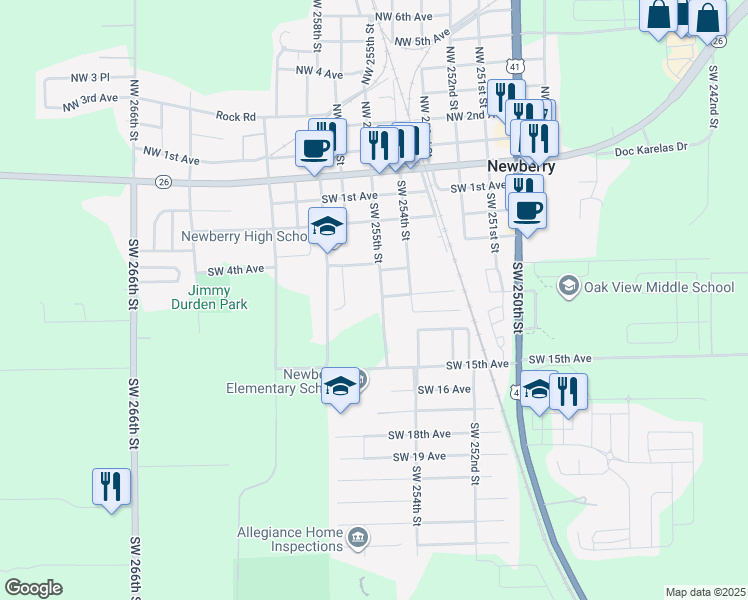 map of restaurants, bars, coffee shops, grocery stores, and more near 514 Southwest 255 Street in Newberry