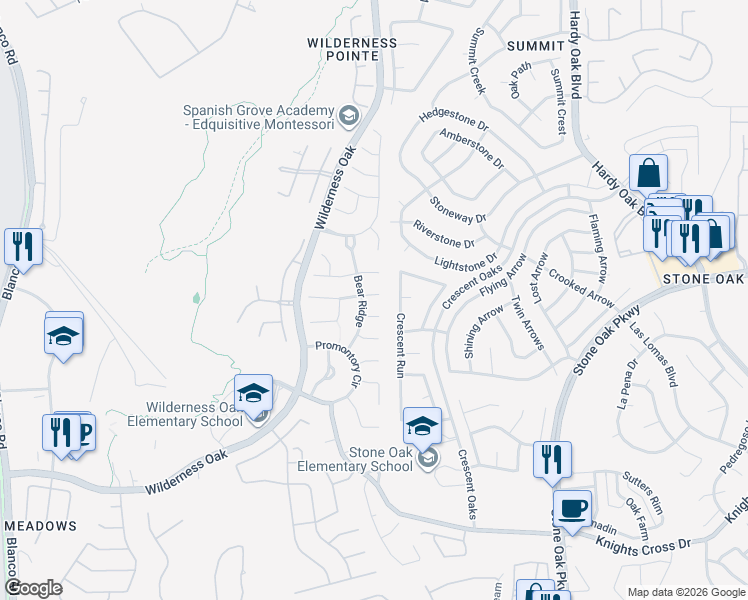 map of restaurants, bars, coffee shops, grocery stores, and more near 514 Wildgrove Lane in San Antonio