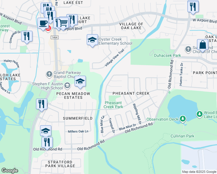 map of restaurants, bars, coffee shops, grocery stores, and more near 16707 Tranquil Drive in Sugar Land
