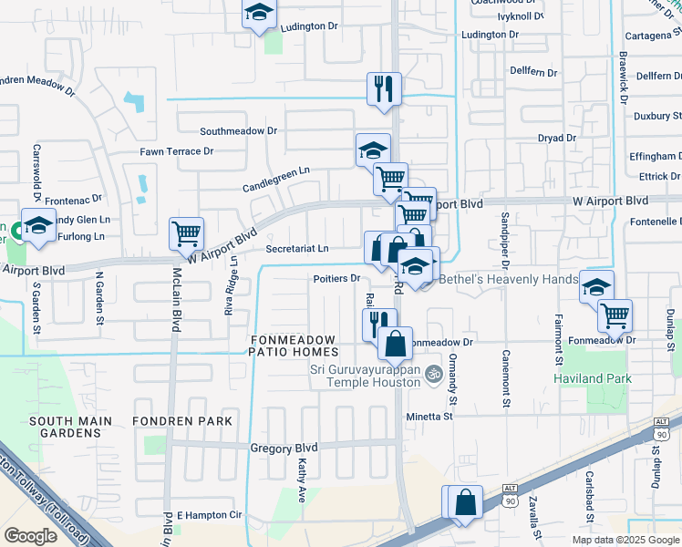 map of restaurants, bars, coffee shops, grocery stores, and more near 7714 Poitiers Drive in Houston