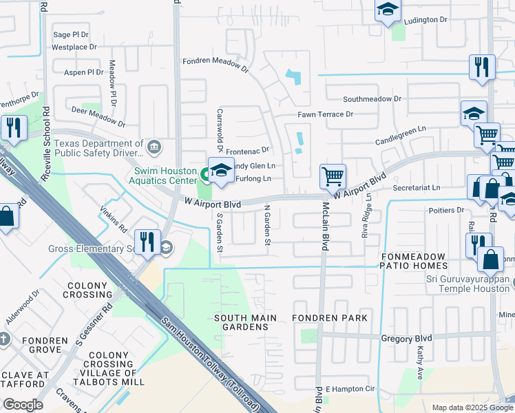 map of restaurants, bars, coffee shops, grocery stores, and more near 8110 Windy Dunes Drive in Houston