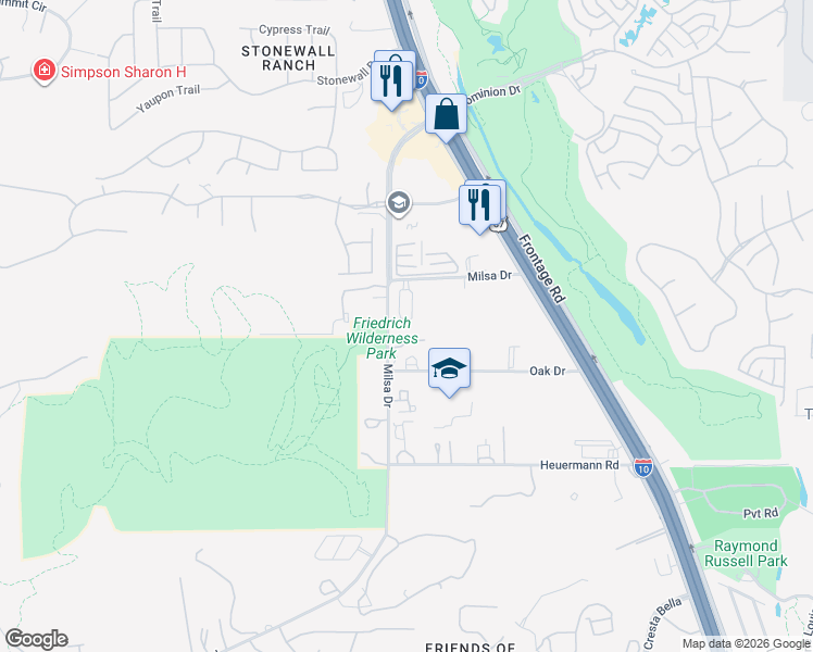 map of restaurants, bars, coffee shops, grocery stores, and more near 21630 Milsa Drive in San Antonio