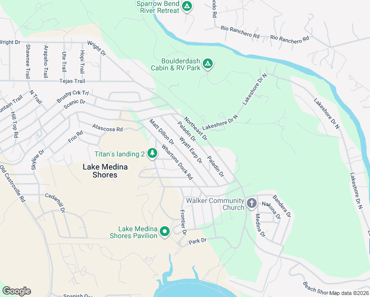 map of restaurants, bars, coffee shops, grocery stores, and more near 361 Wyatt Earp Road in Bandera
