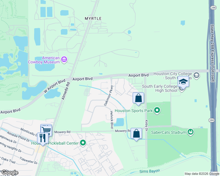 map of restaurants, bars, coffee shops, grocery stores, and more near 11900 Oakmoor Parkway in Houston