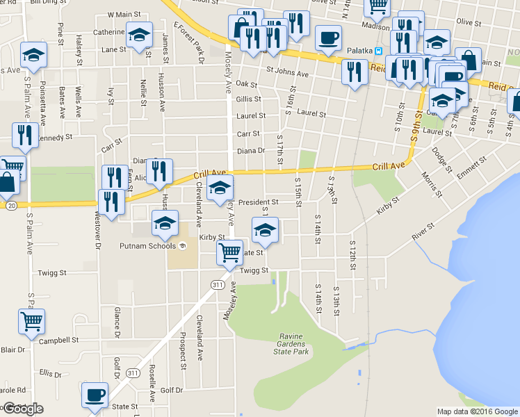 map of restaurants, bars, coffee shops, grocery stores, and more near 802 South 18th Street in Palatka