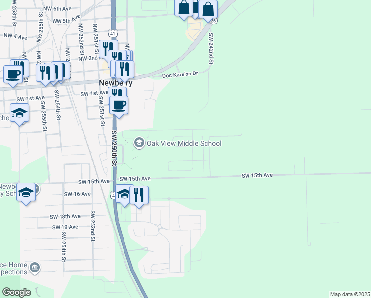 map of restaurants, bars, coffee shops, grocery stores, and more near 24405 Southwest 8th Place in Newberry