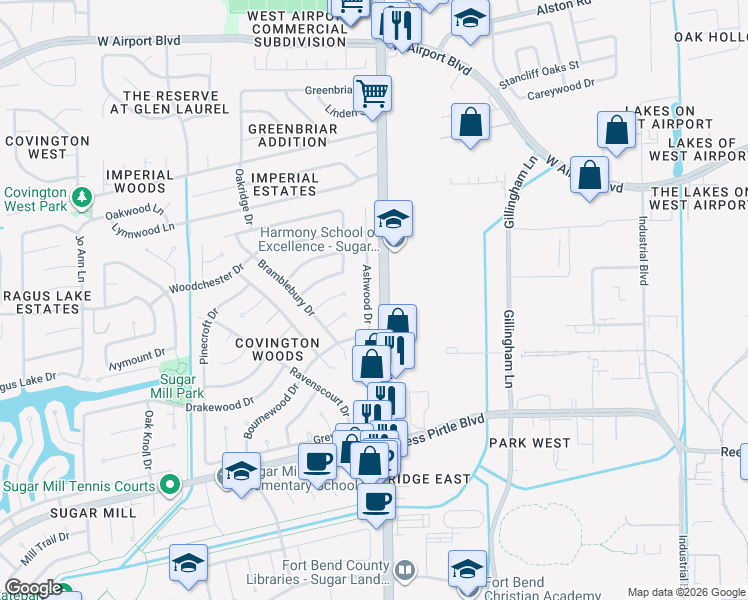 map of restaurants, bars, coffee shops, grocery stores, and more near 1330 Ashwood Drive in Sugar Land