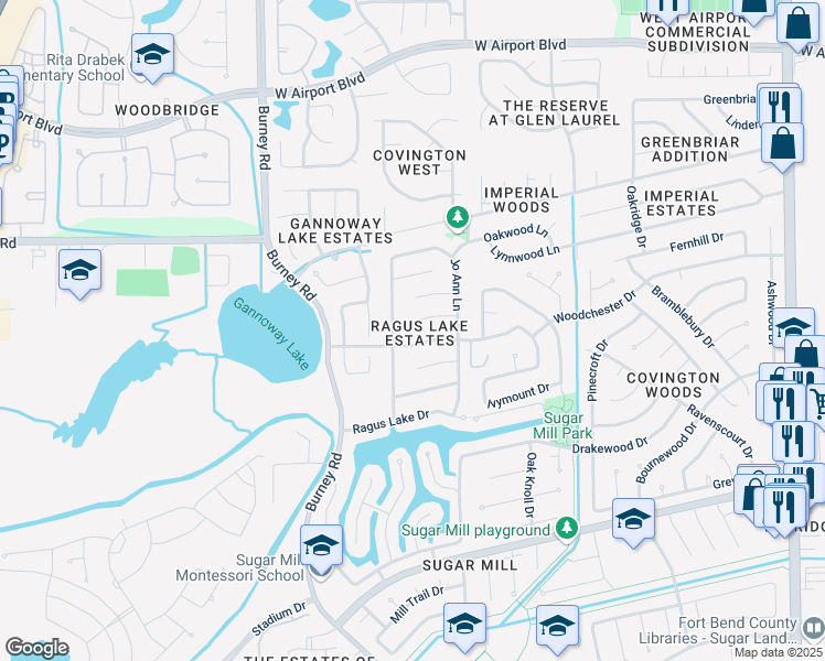 map of restaurants, bars, coffee shops, grocery stores, and more near 1514 Vickery Drive in Sugar Land