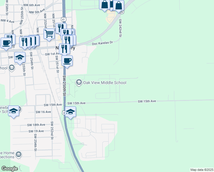 map of restaurants, bars, coffee shops, grocery stores, and more near 24405 Southwest 8th Place in Newberry