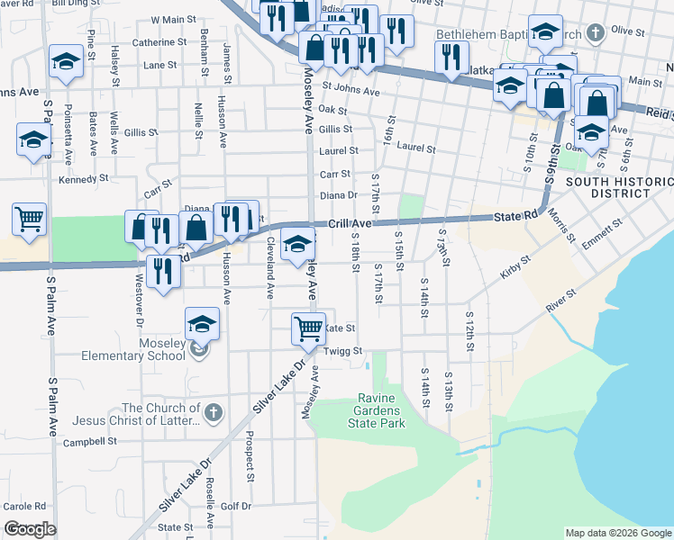 map of restaurants, bars, coffee shops, grocery stores, and more near 1100 South 18th Street in Palatka