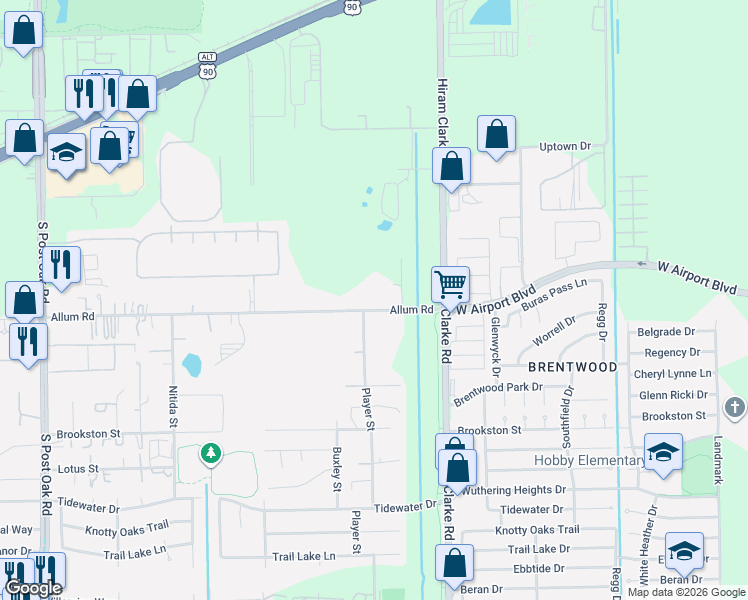 map of restaurants, bars, coffee shops, grocery stores, and more near 4632 Allum Road in Houston