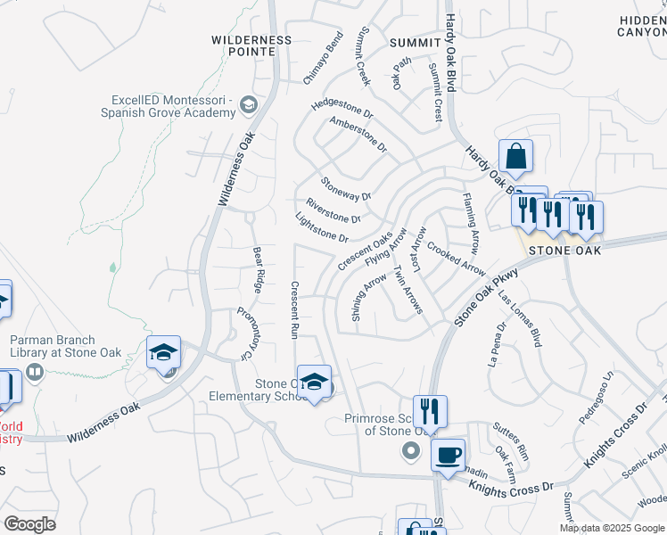 map of restaurants, bars, coffee shops, grocery stores, and more near 24934 Crescent Trce in San Antonio