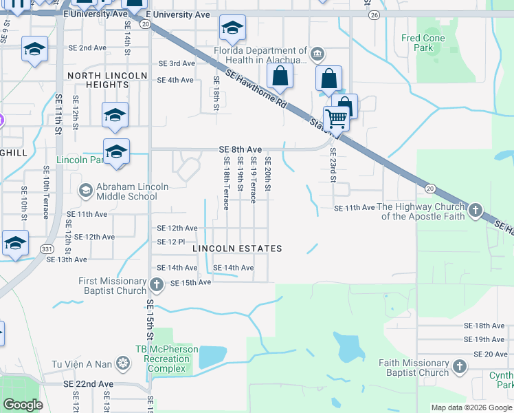 map of restaurants, bars, coffee shops, grocery stores, and more near 1045 Southeast 19 Terrace in Gainesville