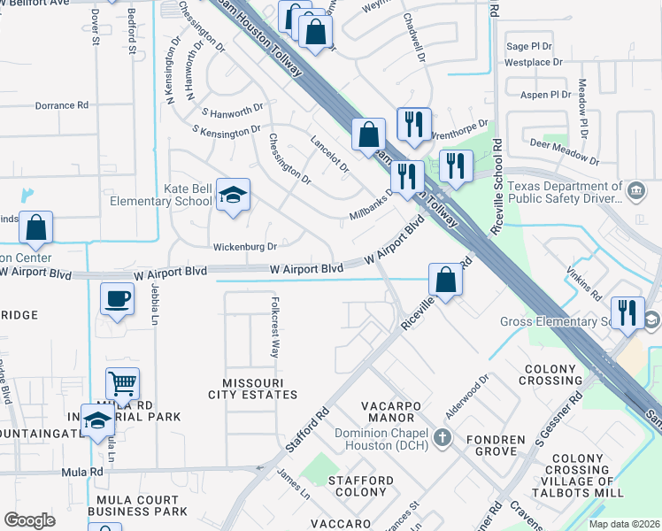 map of restaurants, bars, coffee shops, grocery stores, and more near West Airport Boulevard in Houston