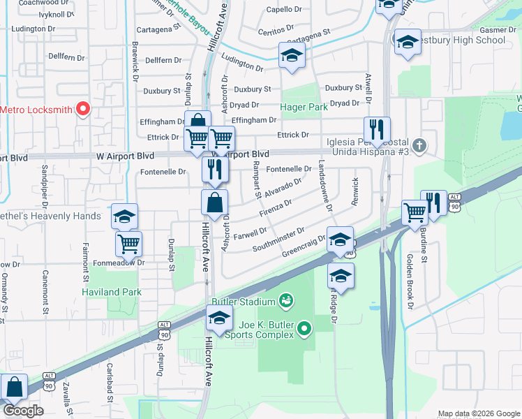 map of restaurants, bars, coffee shops, grocery stores, and more near 5802 Firenza Dr in Houston