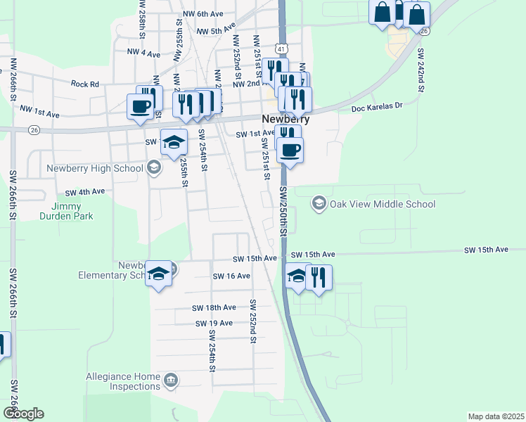 map of restaurants, bars, coffee shops, grocery stores, and more near 25123 Southwest 6th Lane in Newberry
