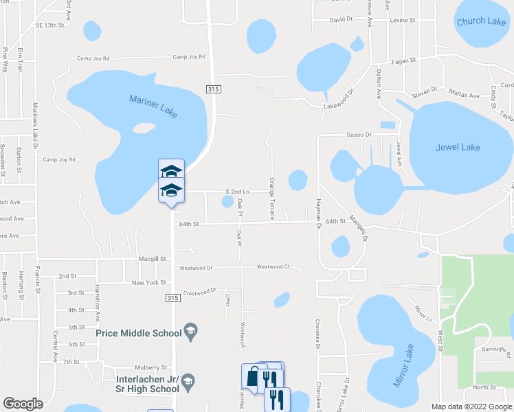 map of restaurants, bars, coffee shops, grocery stores, and more near 300 64th Street in Interlachen