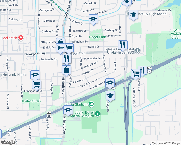 map of restaurants, bars, coffee shops, grocery stores, and more near 5747 Firenza Drive in Houston