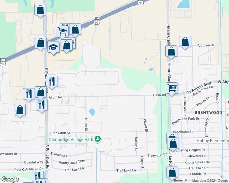 map of restaurants, bars, coffee shops, grocery stores, and more near 4844 Allum Road in Houston