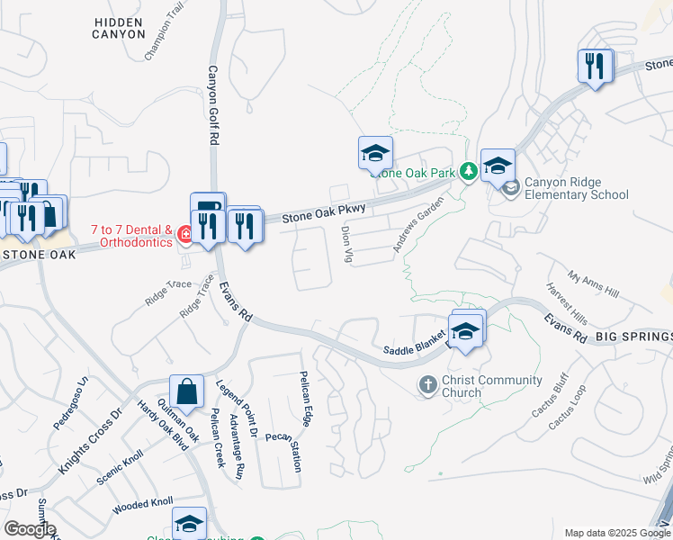 map of restaurants, bars, coffee shops, grocery stores, and more near 21502 Pearl Spring in San Antonio