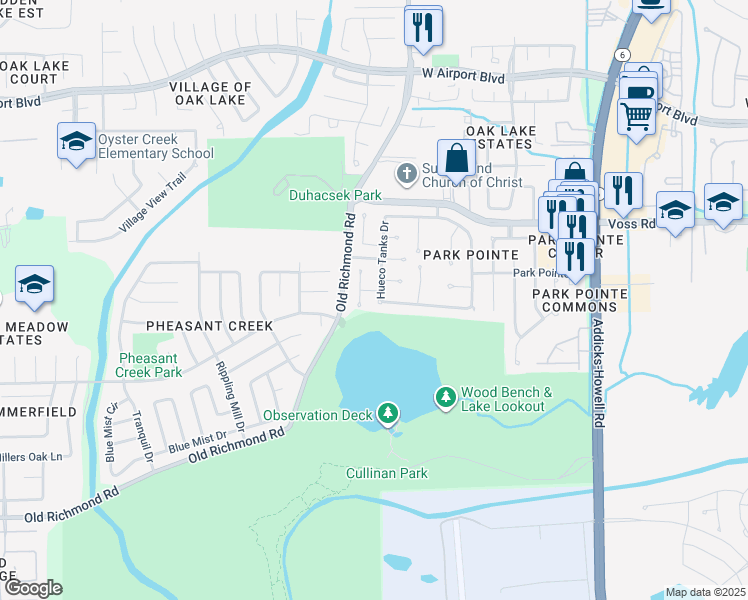 map of restaurants, bars, coffee shops, grocery stores, and more near 11930 Hueco Tanks Drive in Sugar Land