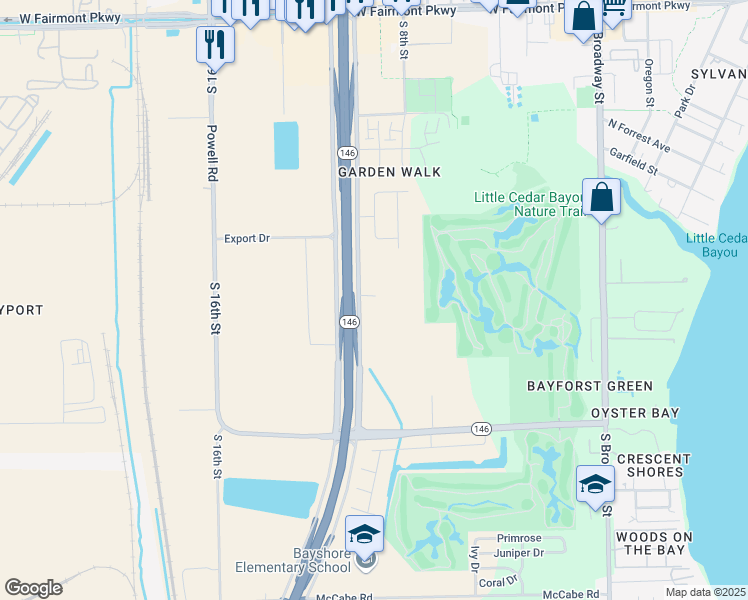 map of restaurants, bars, coffee shops, grocery stores, and more near 1831 Texas 146 in La Porte