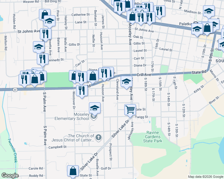 map of restaurants, bars, coffee shops, grocery stores, and more near 2213 President Street in Palatka