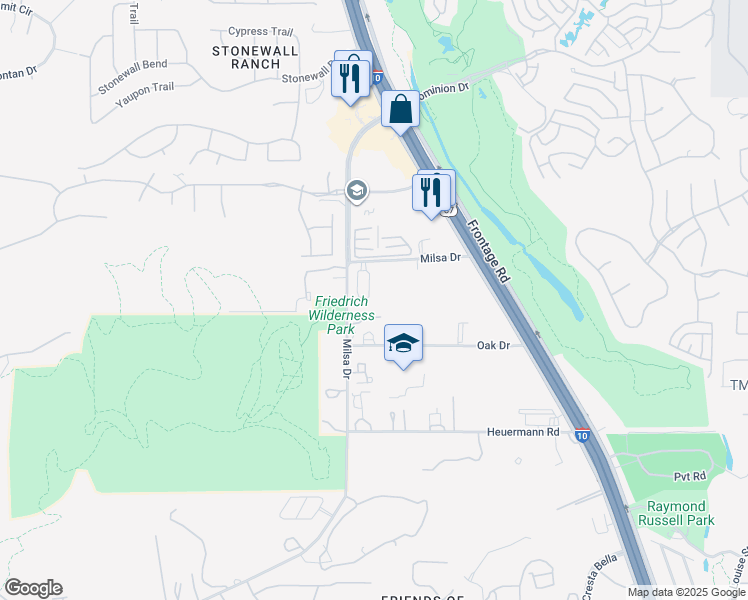 map of restaurants, bars, coffee shops, grocery stores, and more near 21630 Milsa Drive in San Antonio