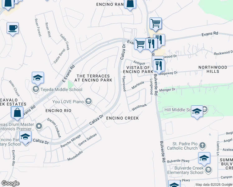 map of restaurants, bars, coffee shops, grocery stores, and more near 3502 Windy Ridge Court in San Antonio
