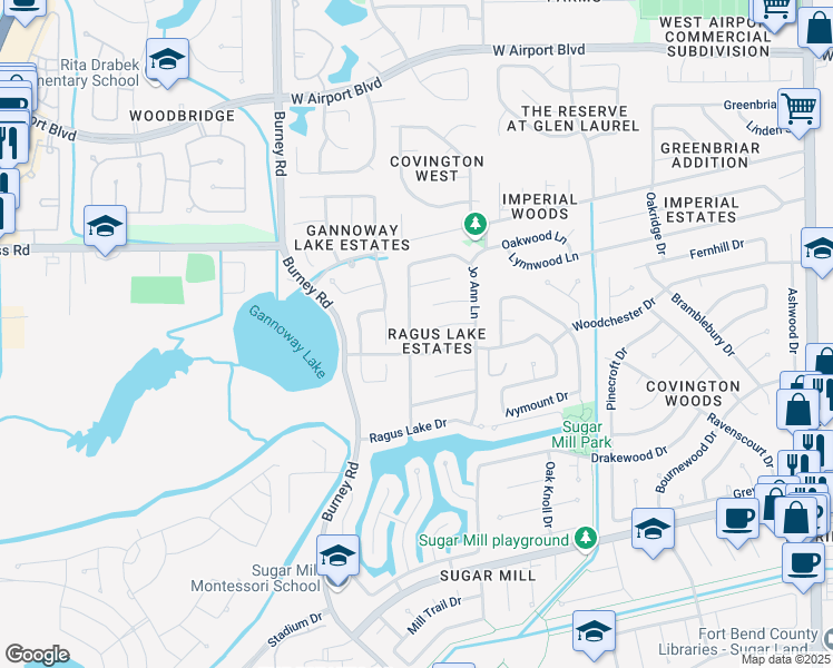 map of restaurants, bars, coffee shops, grocery stores, and more near 1514 Vickery Drive in Sugar Land