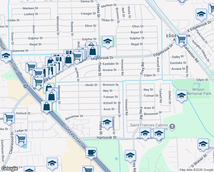 map of restaurants, bars, coffee shops, grocery stores, and more near 10218 Hinds Street in Houston