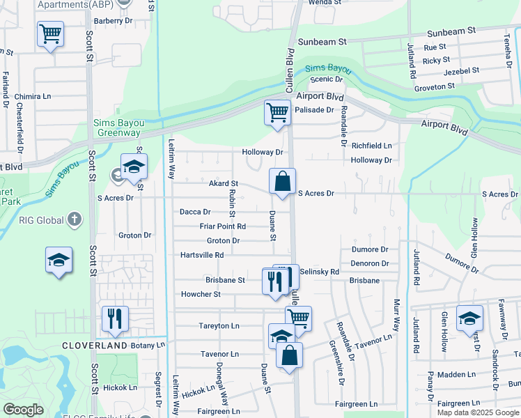 map of restaurants, bars, coffee shops, grocery stores, and more near 10815 Safeguard Street in Houston