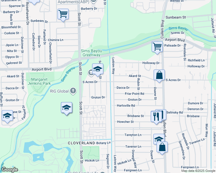 map of restaurants, bars, coffee shops, grocery stores, and more near 10815 Segrest Drive in Houston