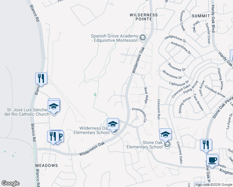 map of restaurants, bars, coffee shops, grocery stores, and more near 21503 Beaver Brk in San Antonio