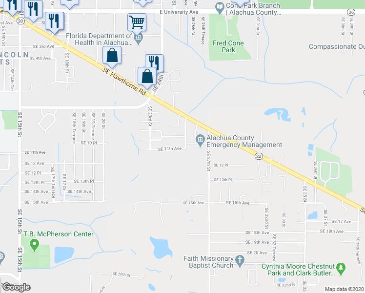 map of restaurants, bars, coffee shops, grocery stores, and more near 1028 Southeast 26th Street in Gainesville