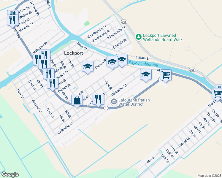 map of restaurants, bars, coffee shops, grocery stores, and more near 300 Elizabeth Street in Lockport