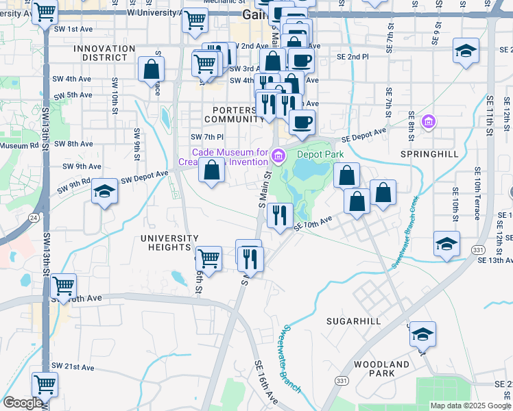 map of restaurants, bars, coffee shops, grocery stores, and more near 1024 S Main St in Gainesville