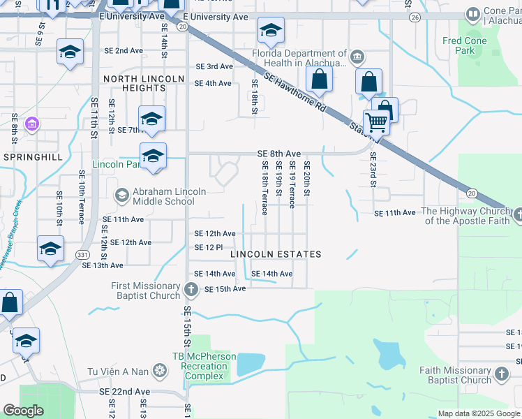 map of restaurants, bars, coffee shops, grocery stores, and more near 1040 Southeast 18th Terrace in Gainesville