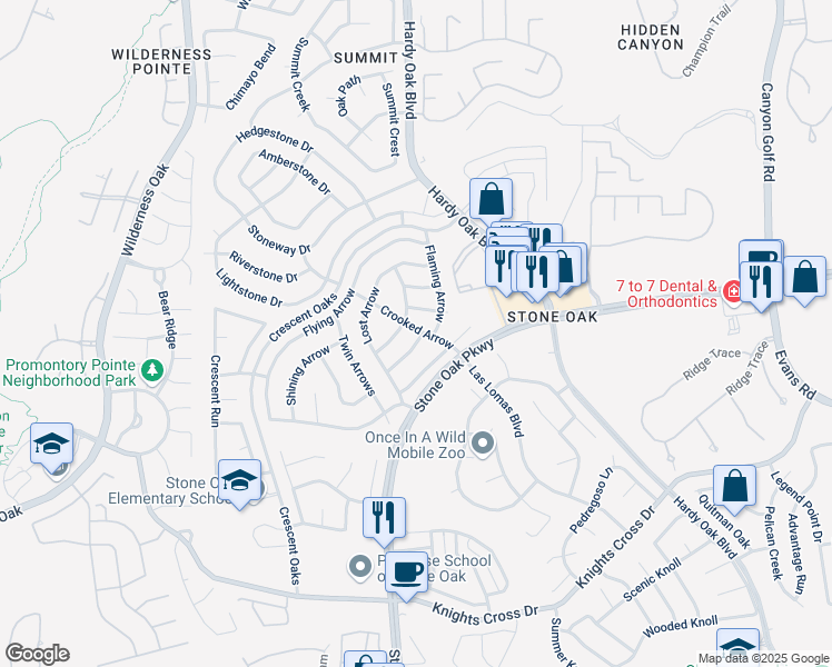 map of restaurants, bars, coffee shops, grocery stores, and more near 25031 Burnt Arrow in San Antonio