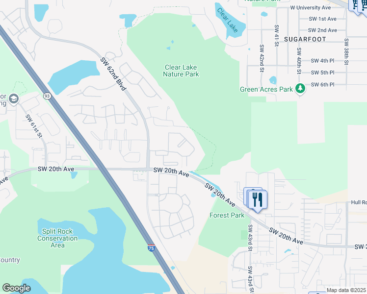 map of restaurants, bars, coffee shops, grocery stores, and more near 1367 Southwest 51st Boulevard in Gainesville