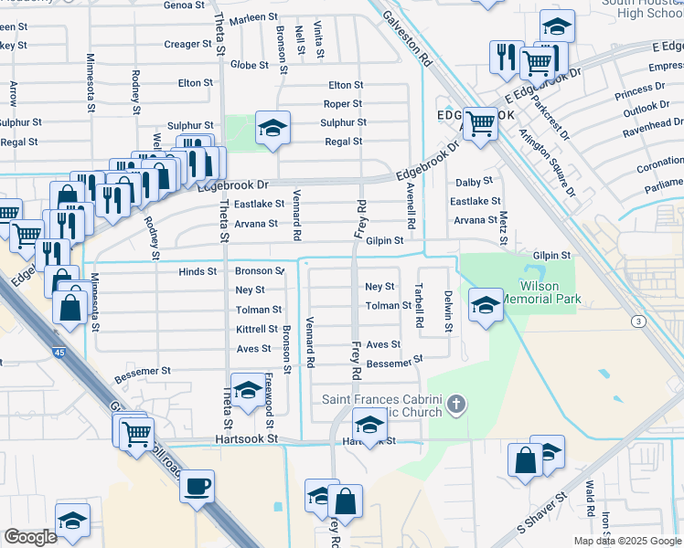 map of restaurants, bars, coffee shops, grocery stores, and more near 10430 Hinds Street in Houston